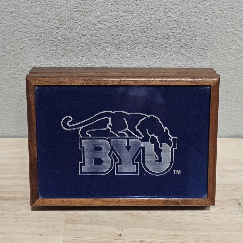 Vintage Carved Stone Slab BYU Cougars Lined Wood Trinket Box, Catch All Jewelry